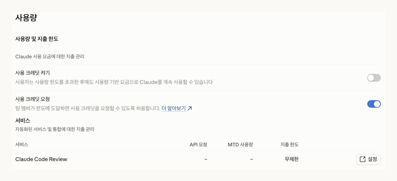 클로드 팀플랜 사용량 관리자 화면, 사용 크레딧은 꺼져 있고 사용 크레딧 요청은 켜져 있습니다