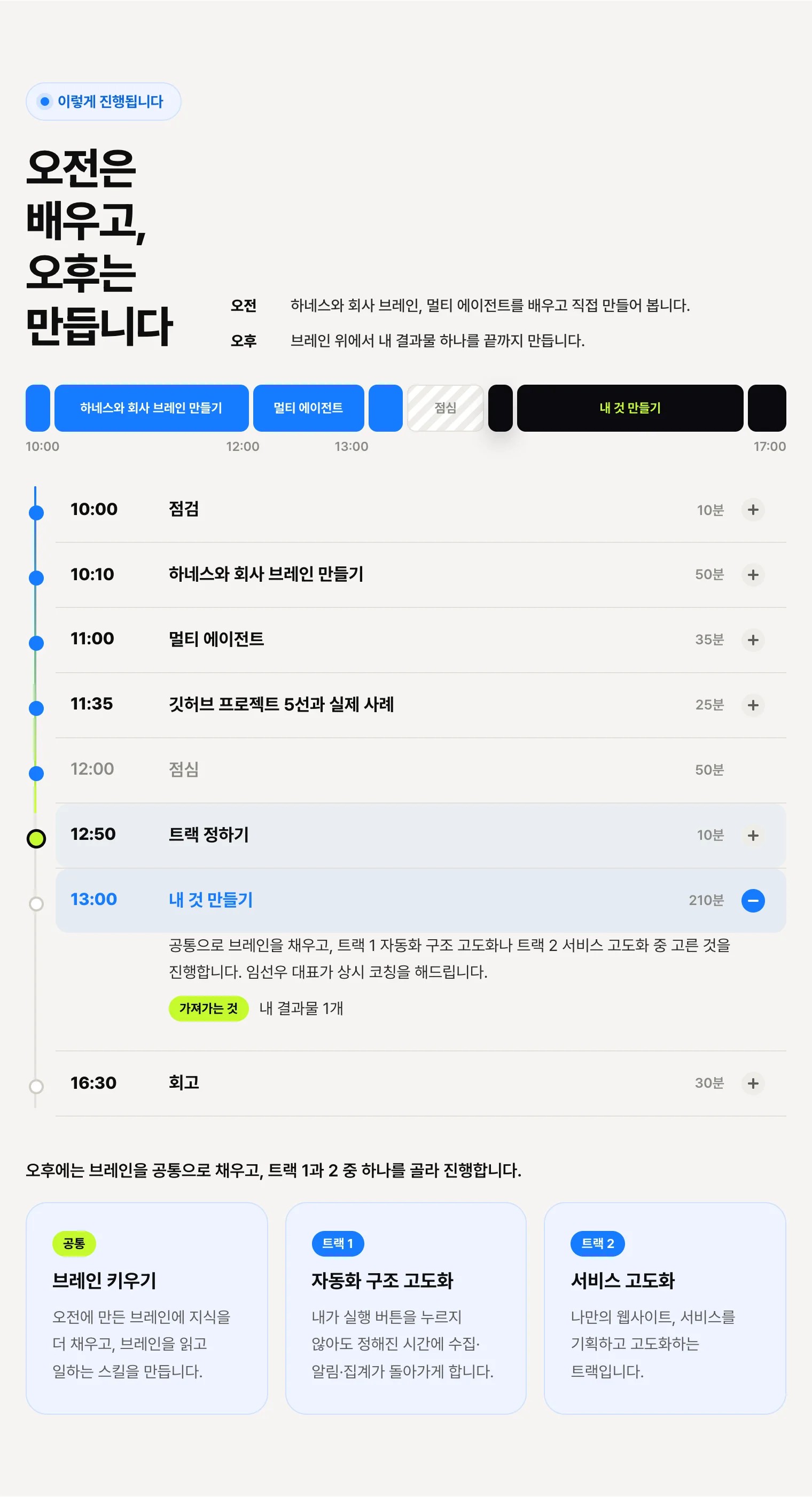 클로드 코드 원데이클래스 심화반 하루 시간표와 오후 트랙 구성입니다