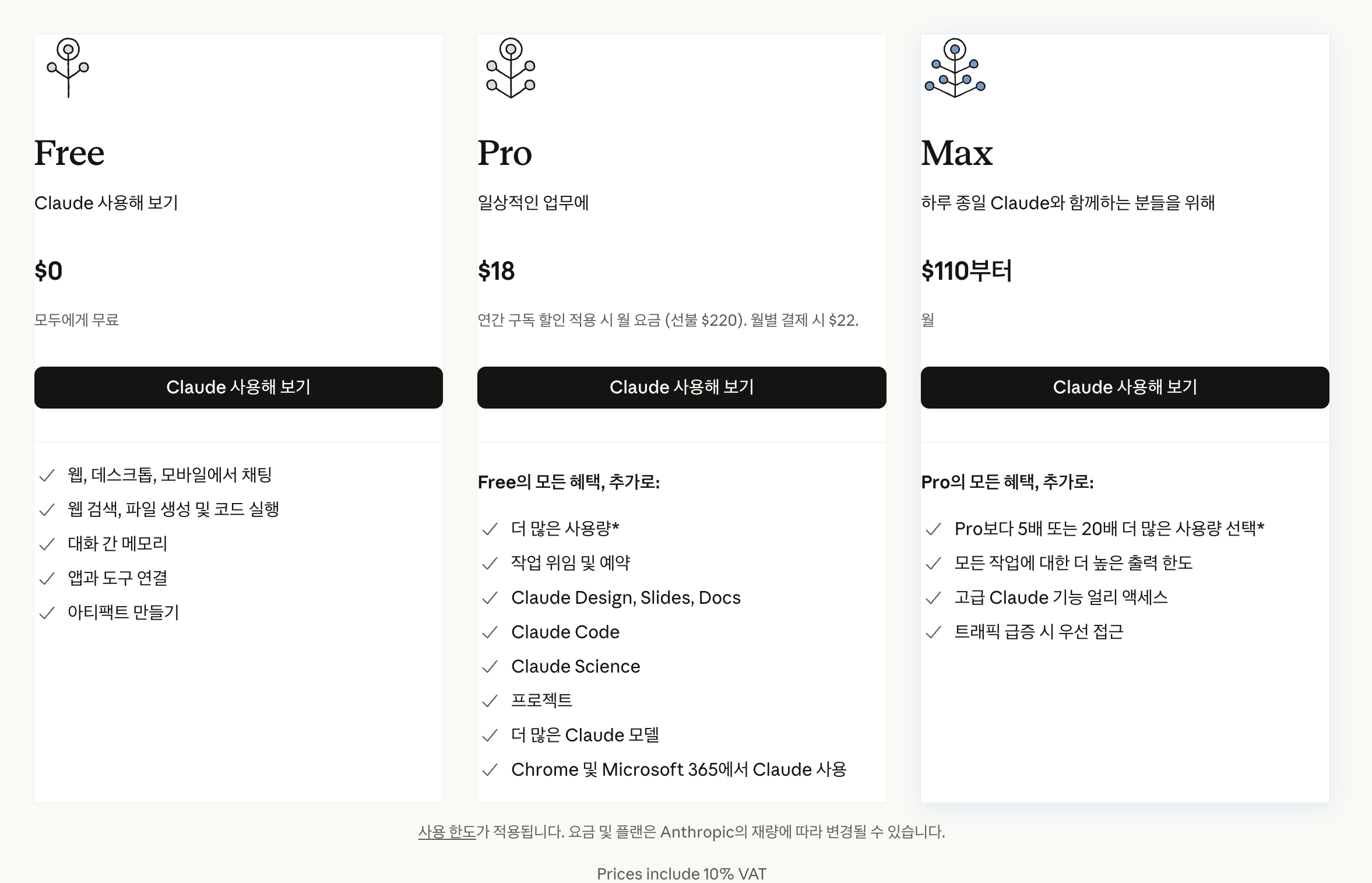 한국어 클로드 요금제 페이지. 무료, 프로, 맥스 카드와 부가세 10% 포함이라는 문구가 보입니다 (이미지: claude.com/ko/pricing)