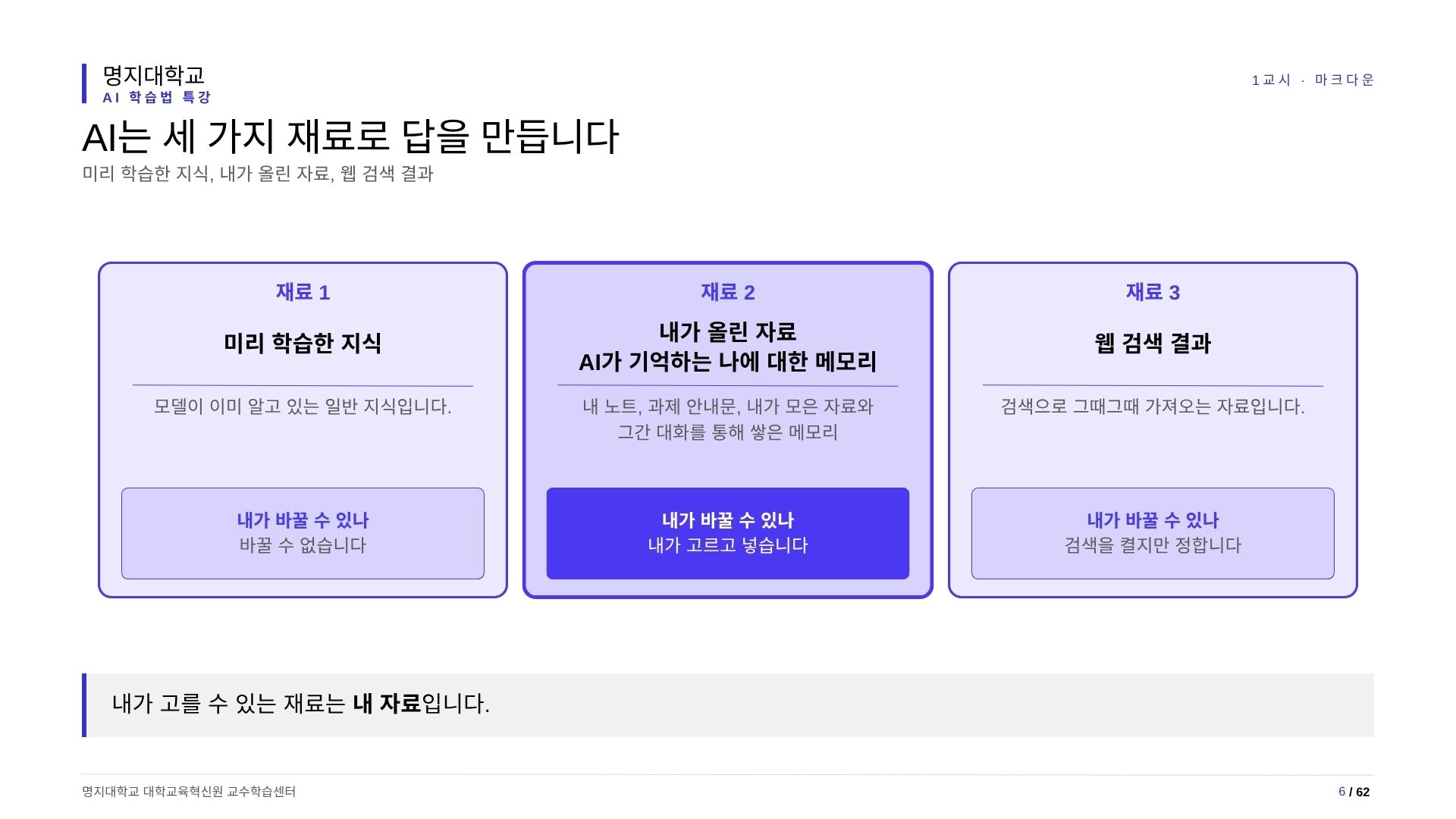 AI 답변의 세 가지 재료 중 내가 고를 수 있는 건 내 자료입니다