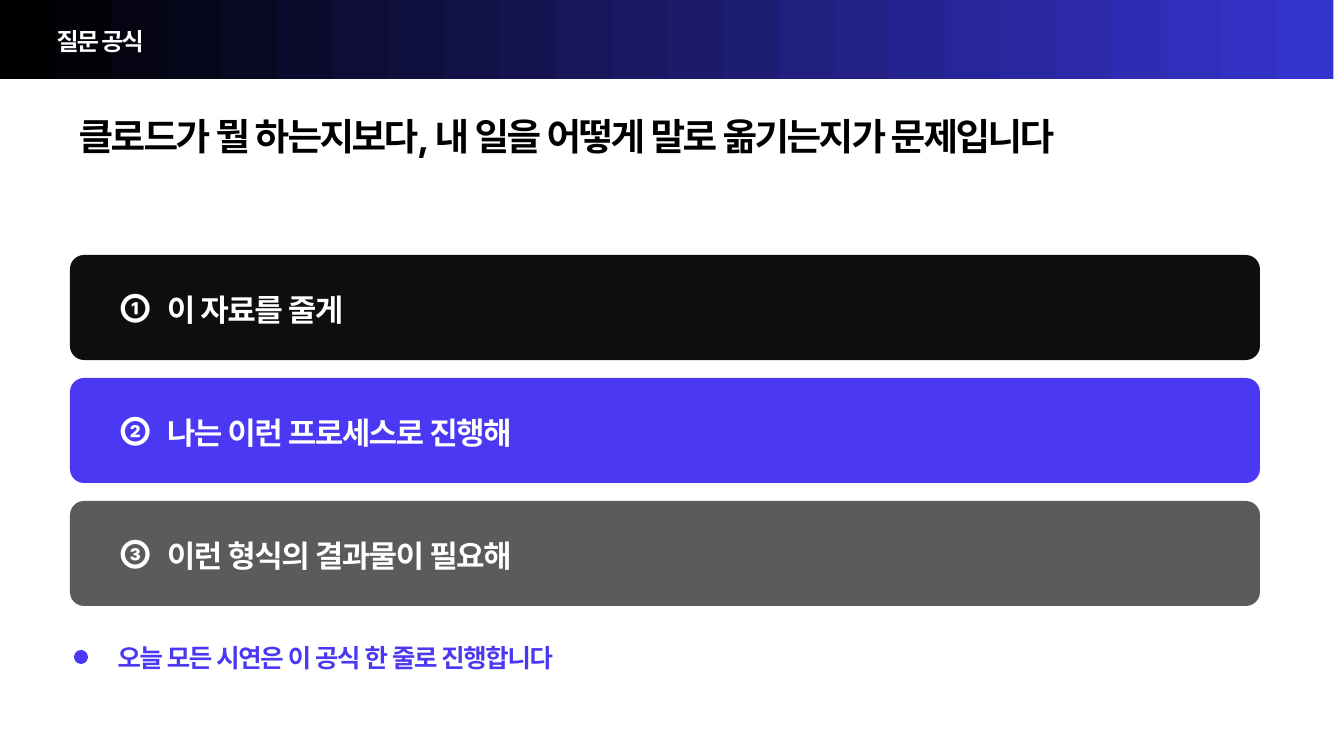 강의 준비 자료 중 질문 공식 슬라이드, 자료·프로세스·형식 세 가지를 담아 요청하는 방식
