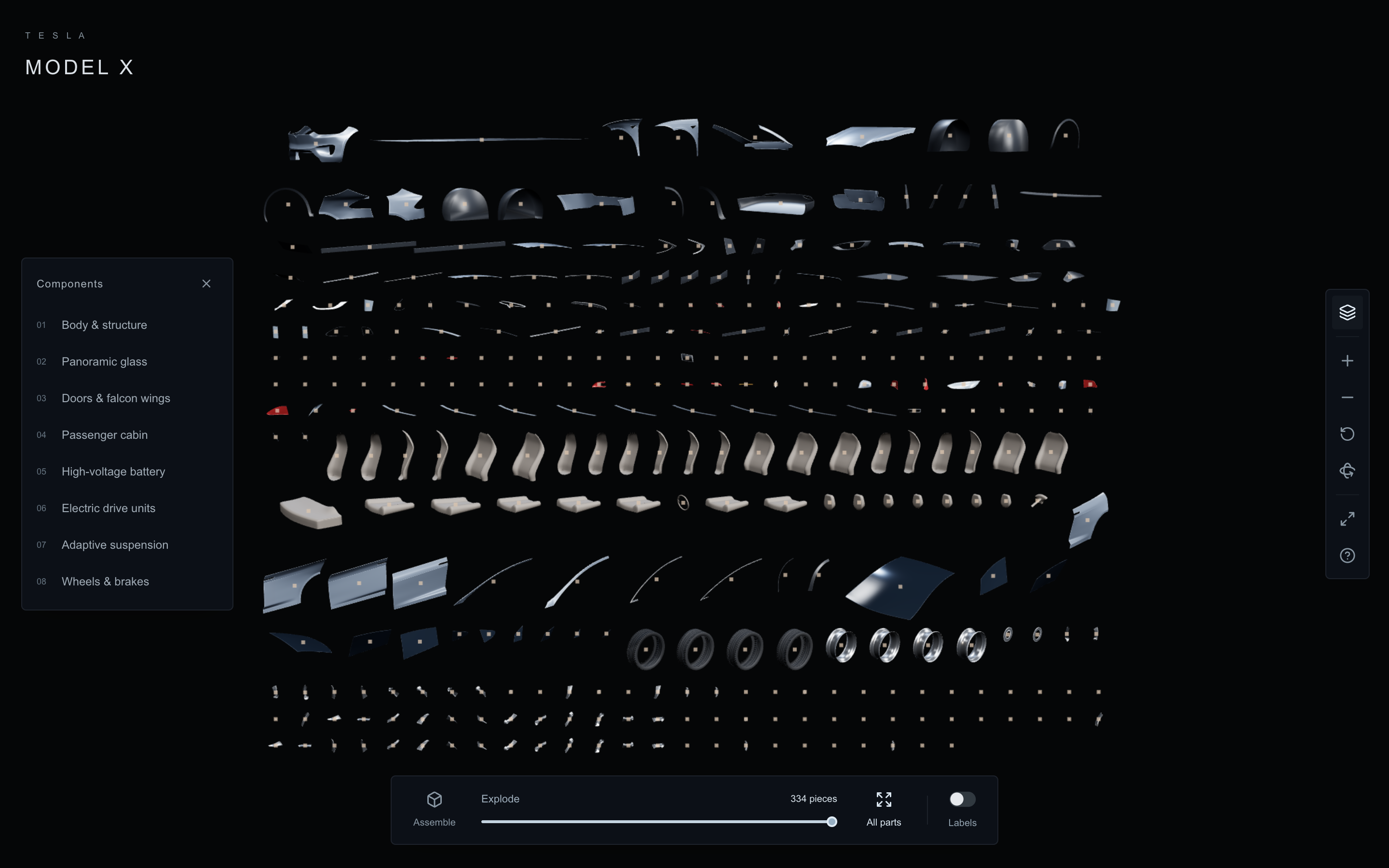Tesla Model X Studio 라이브 사이트에서 All parts 버튼을 눌러 334개 부품이 분리된 실제 화면