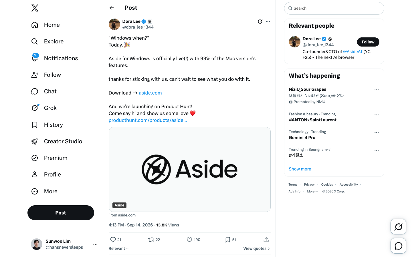 CTO 도라 리가 올린 "Aside for Windows is officially live with 99% of the Mac version's features" 트윗