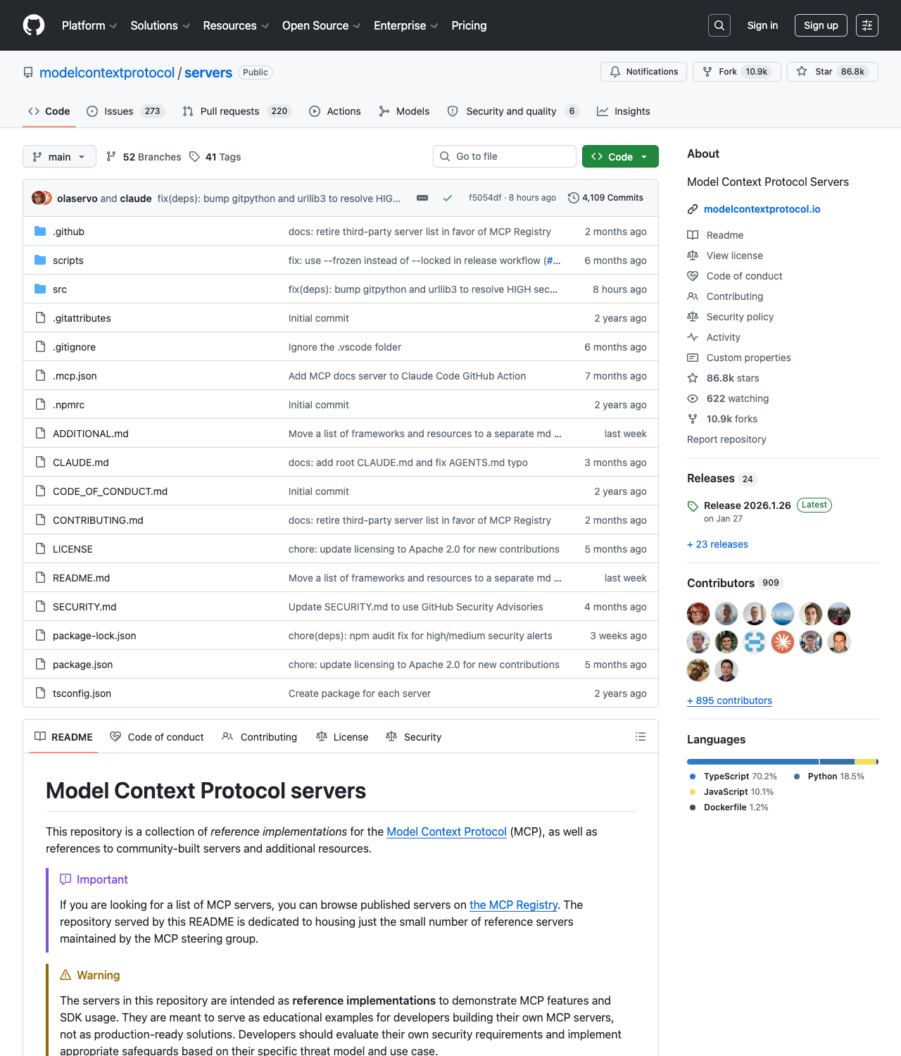 깃허브 저장소의 기본 화면입니다. 파일 목록, README, Stars, Fork, Issues, License처럼 프로젝트를 판단할 수 있는 정보가 한 화면에 모여 있습니다. 출처: GitHub modelcontextprotocol/servers 저장소 캡처